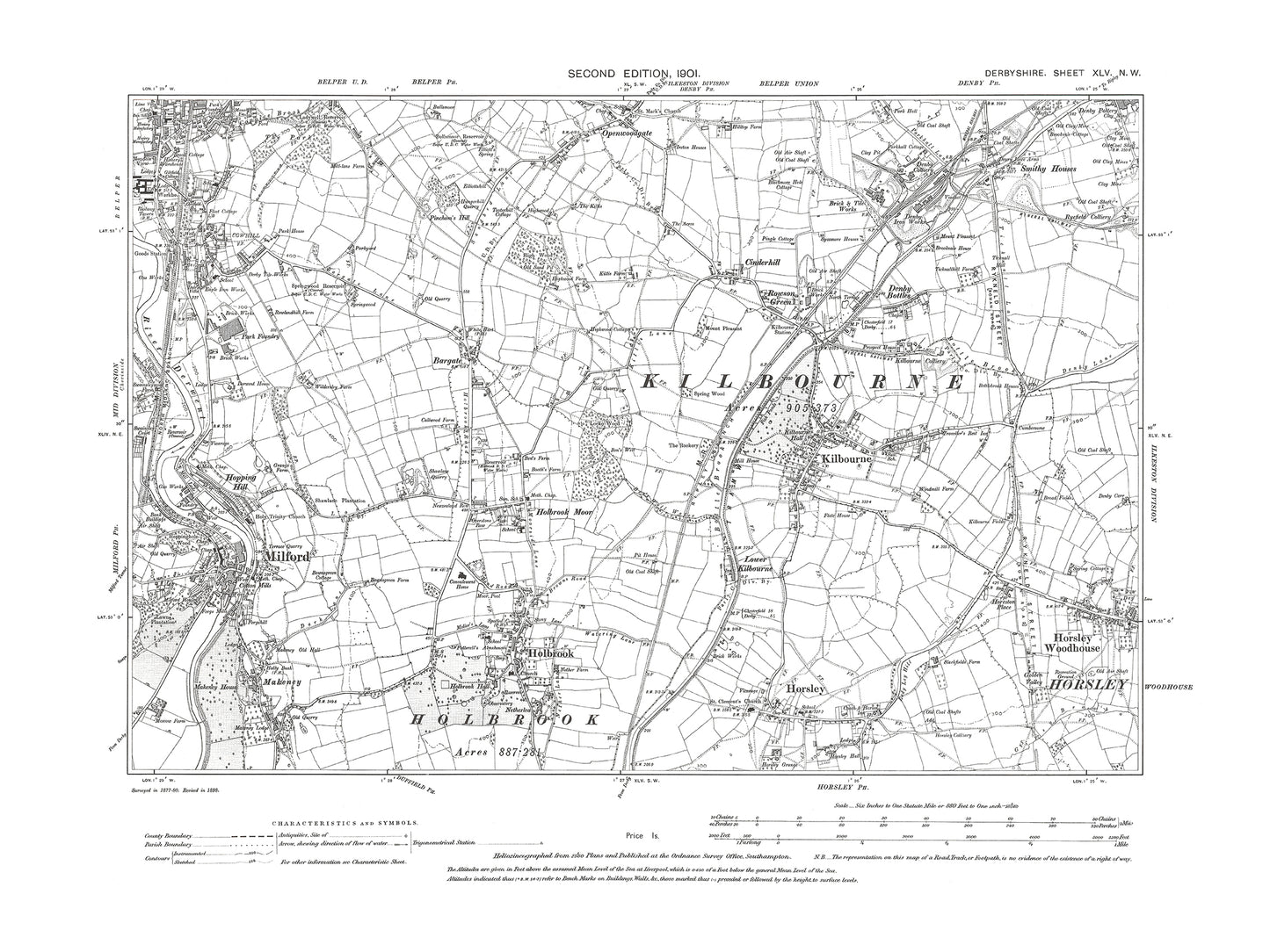 Old OS map dated 1901, showing Belper, Denby, Kilbourne, Horsley Woodhouse, Holbrook, Millford in Derbyshire 45NW