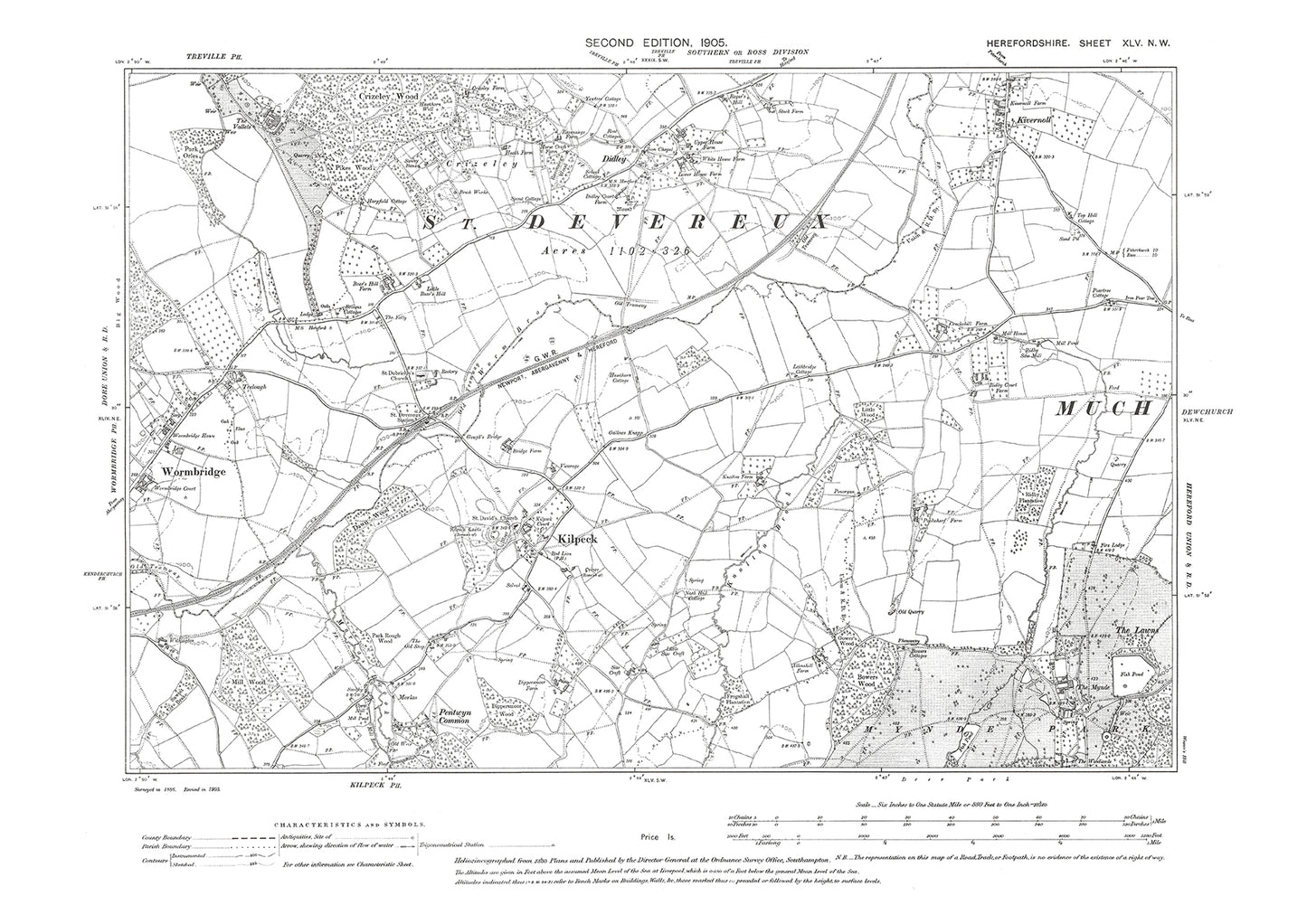 Old OS map dated 1905, showing Wormbridge, Kilpeck, Didley in Herefordshire - 45NW