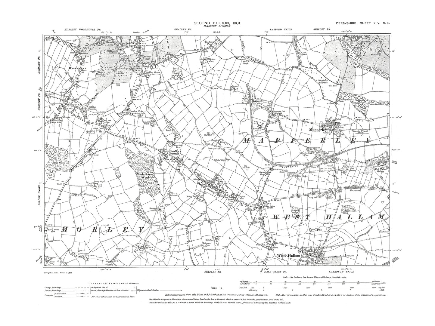 Old OS map dated 1901, showing Mapperley, West Hallam in Derbyshire 45SE