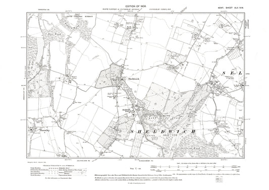 Sheldwich, Selling, Throwley, old map Kent 1908: 45NW