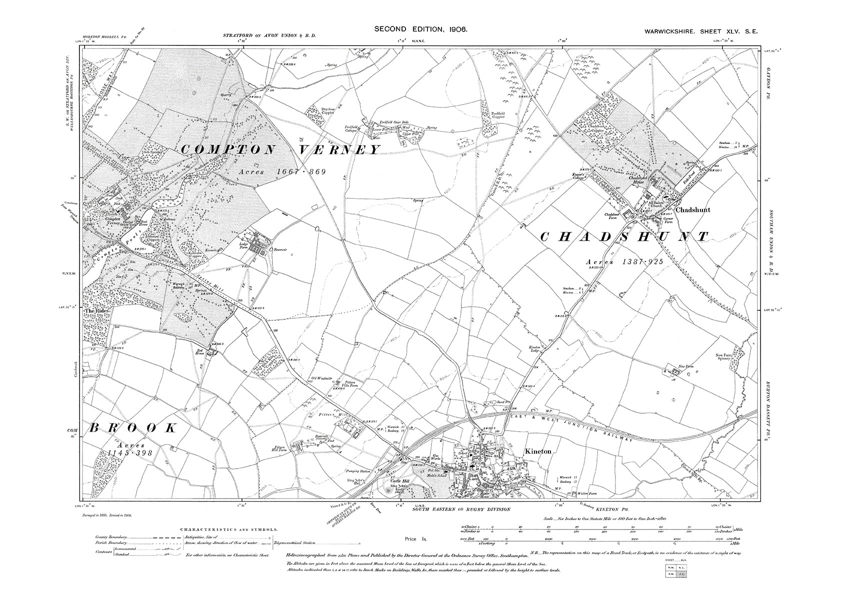 Compton Verney, Chadshunt, Kineton (north), old map Warwickshire 1906 ...