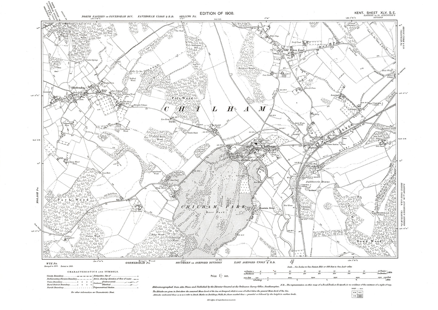 Chilham, Old Wives Lees, Shottenden, old map Kent 1908: 45SE