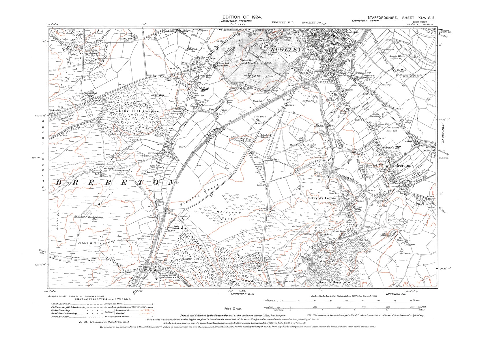 Os Map Rugeley Rugeley (south), Brereton, Slitting Mill, old map Staffs 1924: 45SE ...