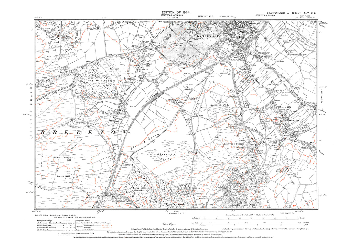 Rugeley (south), Brereton, Slitting Mill, old map Staffs 1924: 45SE