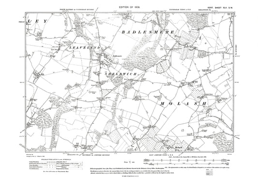 Badlesmere, Sheldwich, Molash, Leaveland, old map Kent 1908: 45SW