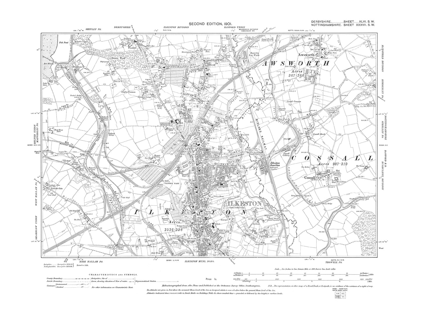 Old OS map dated 1901, showing Ilkeston in Derbyshire 46SW