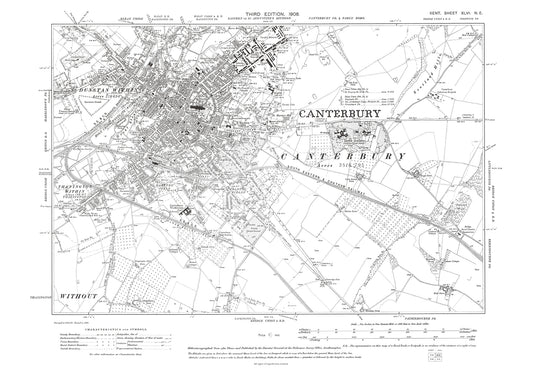 Canterbury, old map Kent 1908: 46NE