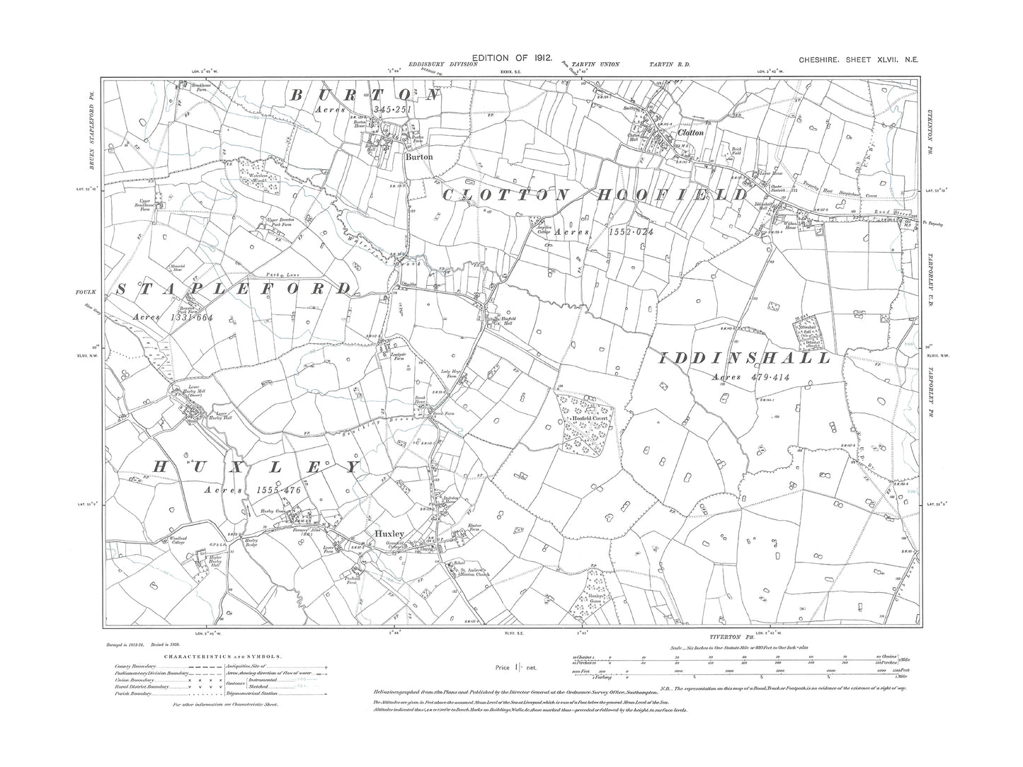 Old OS map dated 1912, showing Burton, Clotton, Huxley in Cheshire 47NE