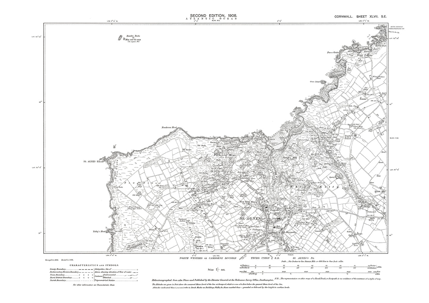 St Agnes (north), old map Cornwall 1908: 47SE