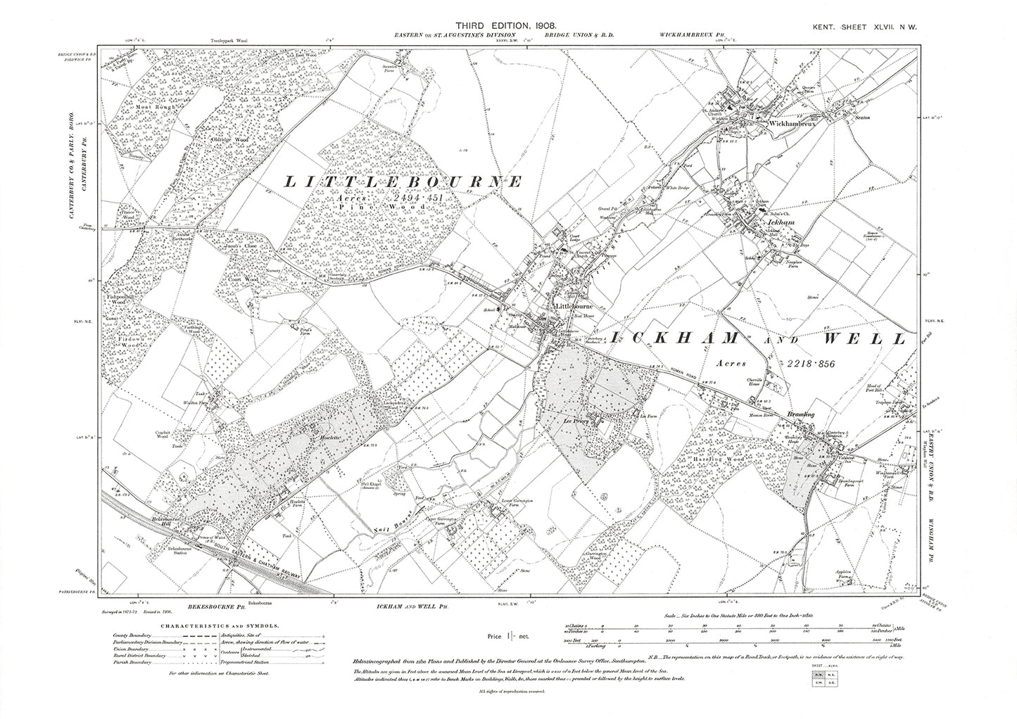 Ickham, Littlebourne, Wickhambreux, old map Kent 1908: 47NW