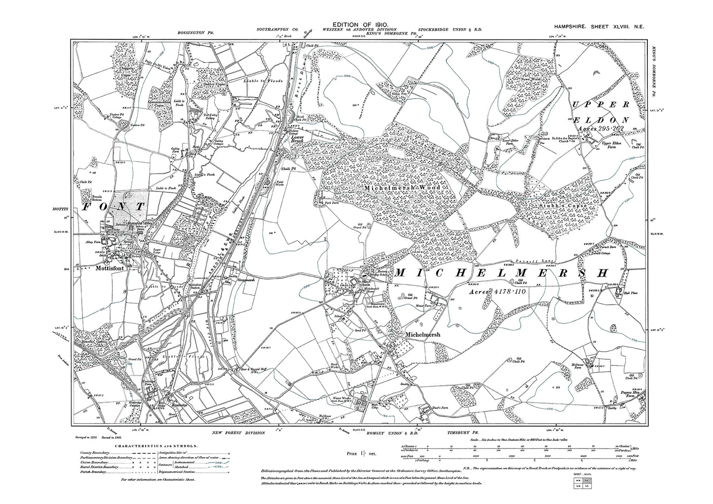 Old OS map dated 1910, showing Mottisfont, Michelmersh in Hampshire - 48NE