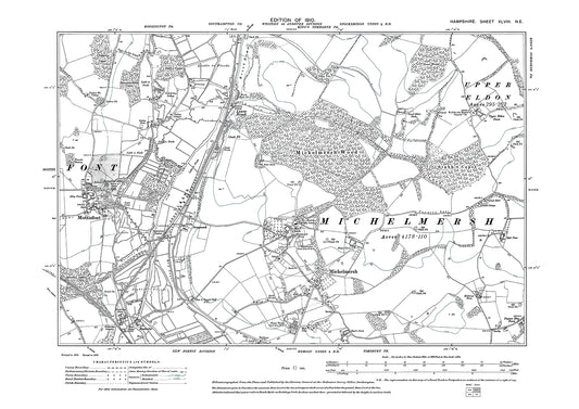 Old OS map dated 1910, showing Mottisfont, Michelmersh in Hampshire - 48NE