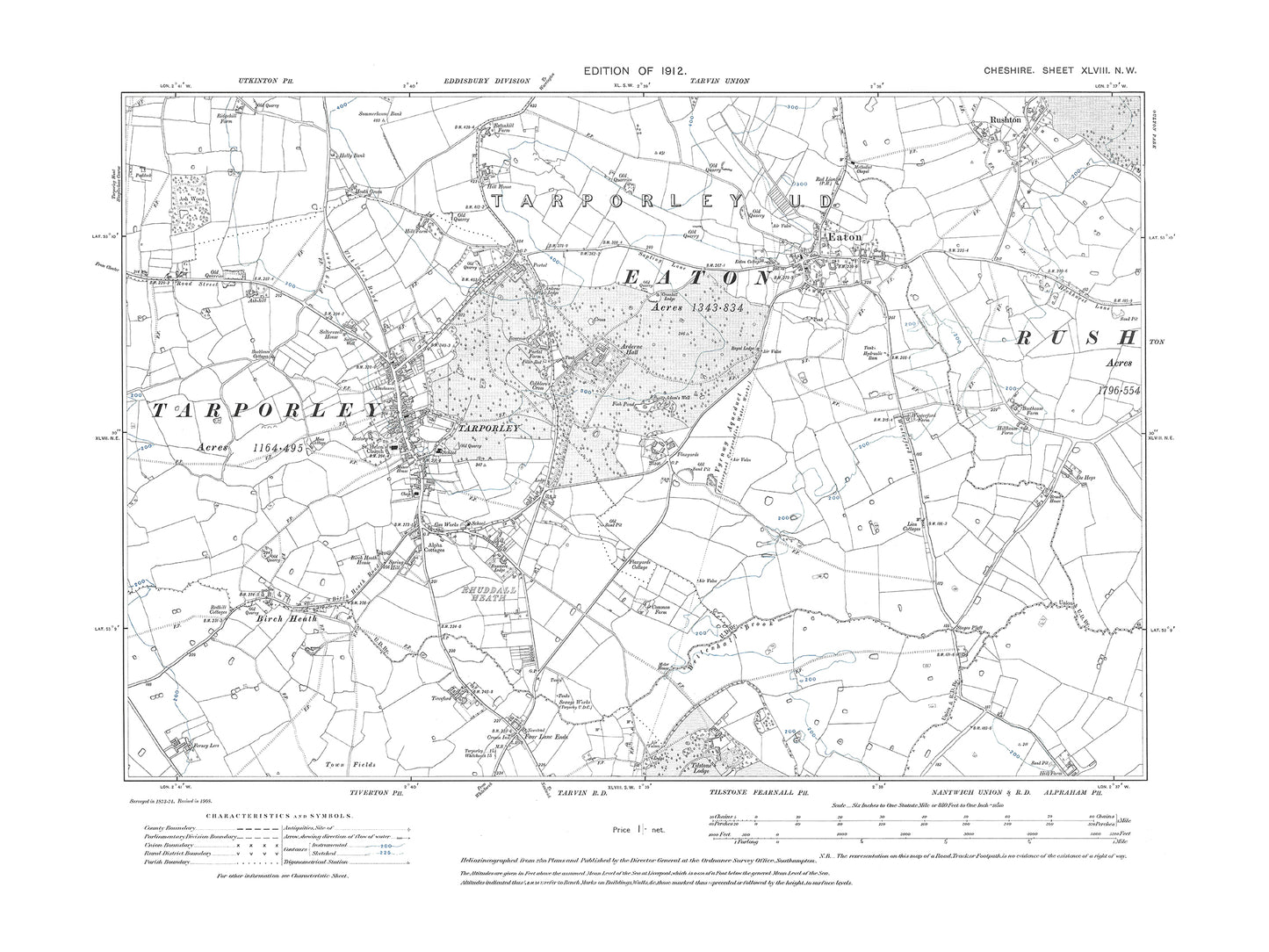 Old OS map dated 1912, showing Tarporley, Eaton in Cheshire 48NW