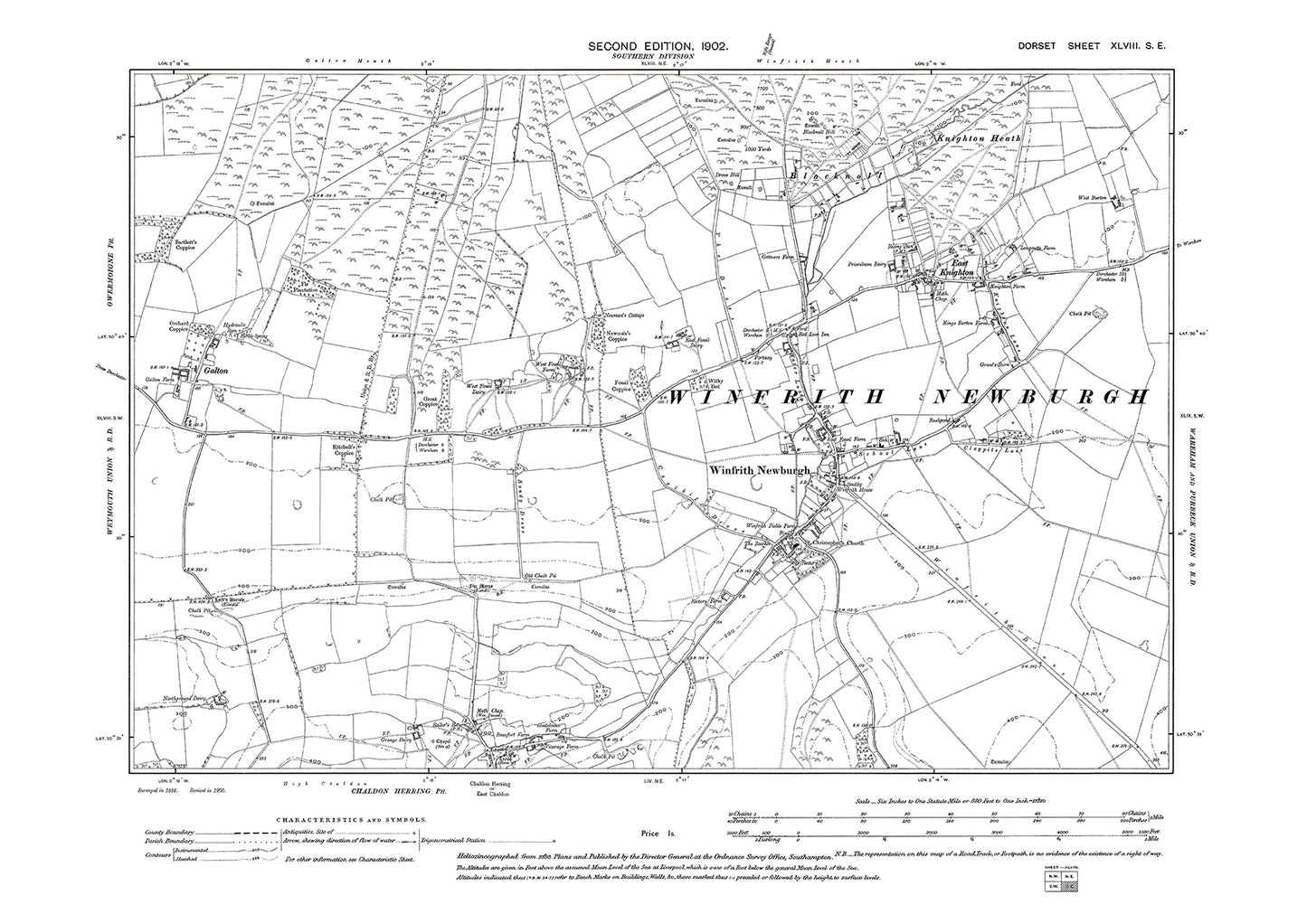 Old OS map dated 1903, showing Winfrith Newburgh, East Chaldon in Dorset - 48SE