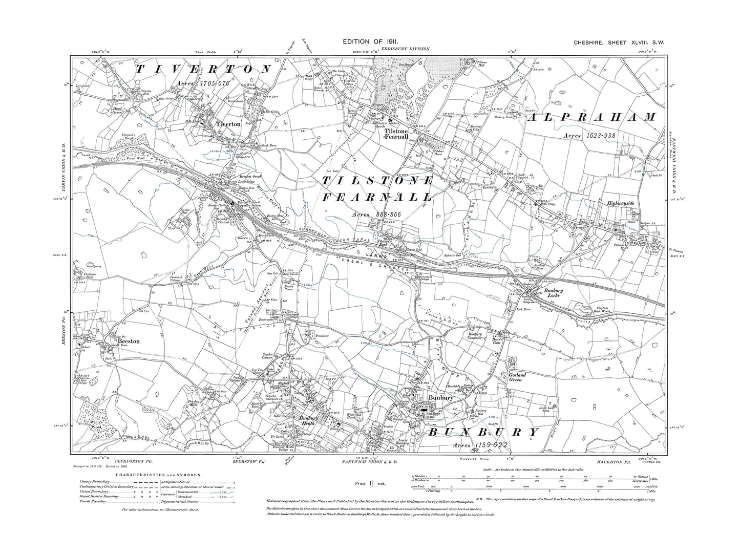 Old OS map dated 1911, showing Bunbury, Tilstone Fearnall, Tiverton in ...