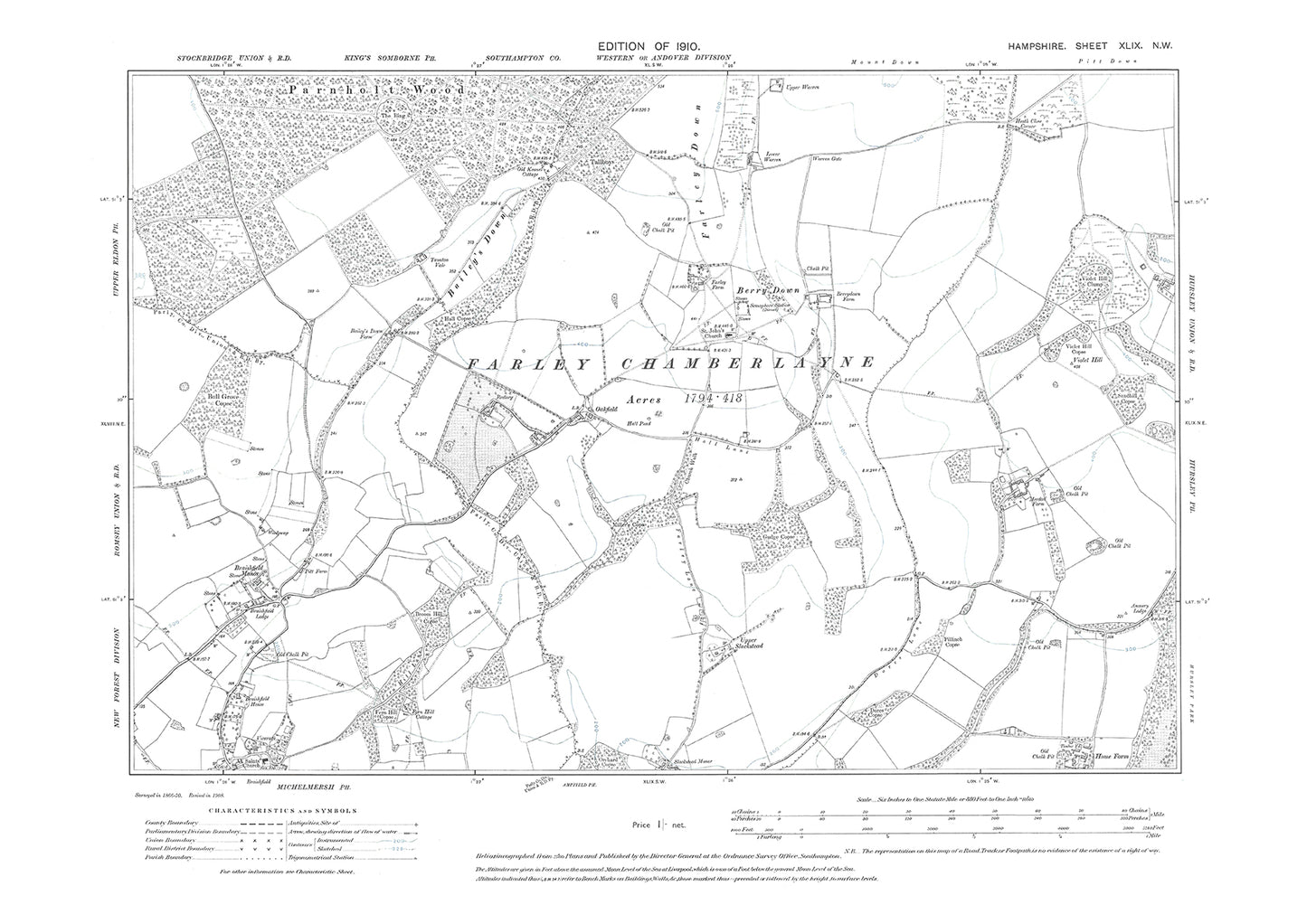 Old OS map dated 1910, showing Berry Down, Braishfield in Hampshire - 49NW