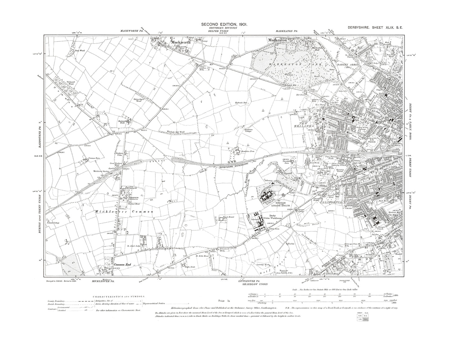 Old OS map dated 1901, showing Derby (west), Mackworth in Derbyshire 49SE