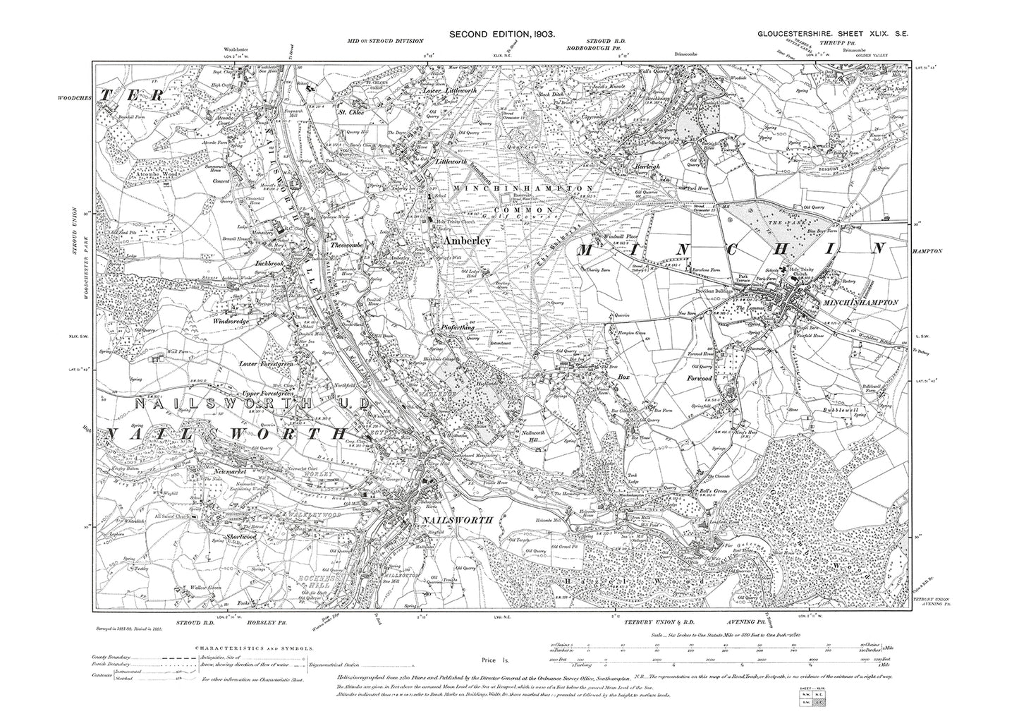 Old OS map dated 1903, showing Amberley, Minchinhampton, Nailsworth, Brimscombe (south), Woodchester in Gloucestershire - 49SE