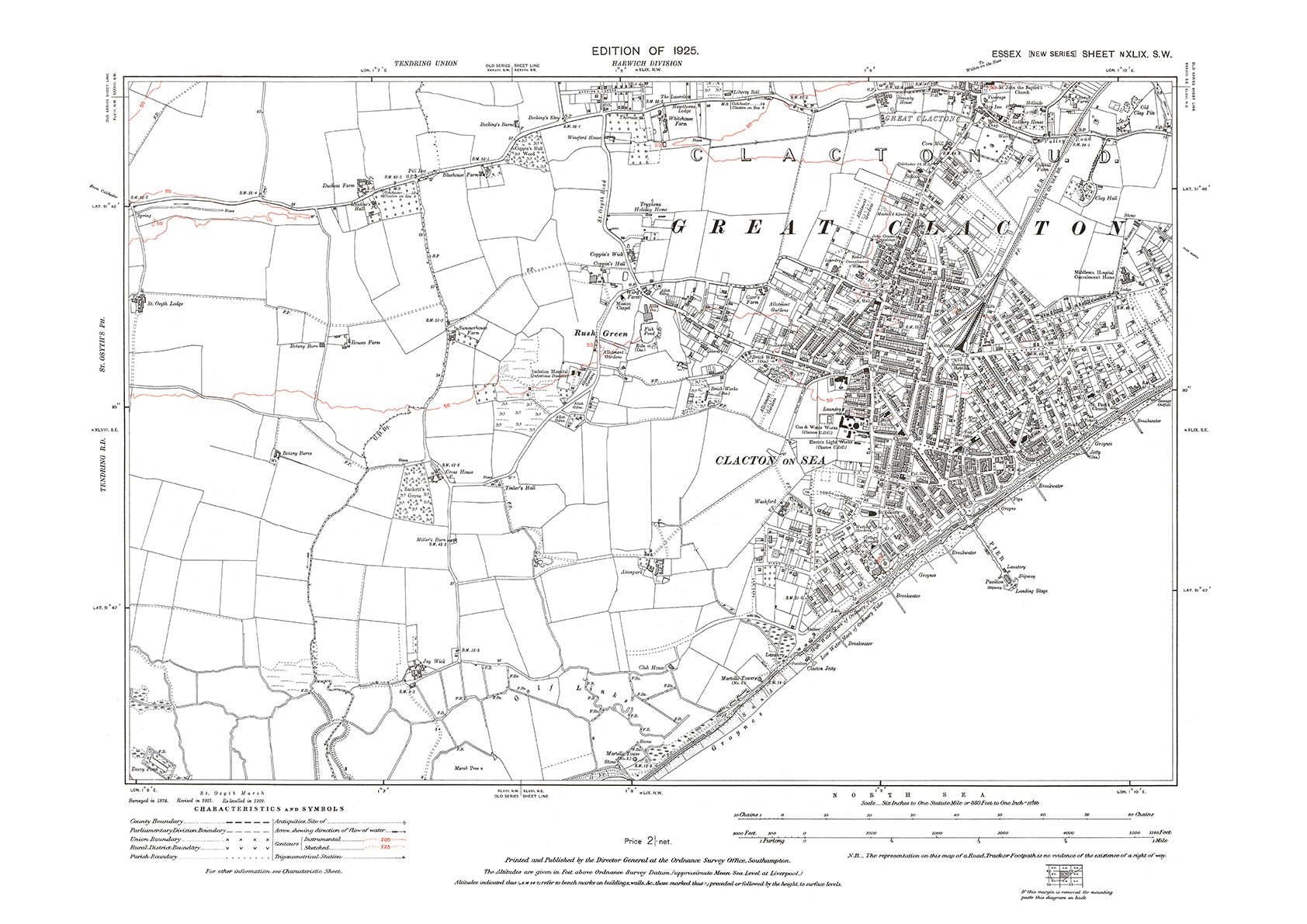 Old OS map dated 1925, showing Clacton on Sea and Great Clacton in Ess ...