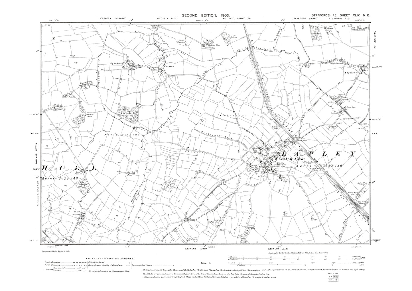 Wheaton Aston, Marston, old map Staffs 1903: 49NE