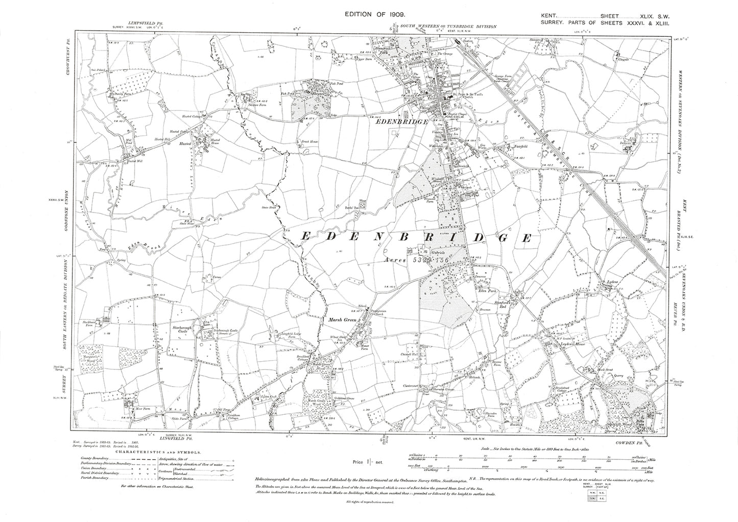 Edenbridge, old map Kent 1909: 49SW
