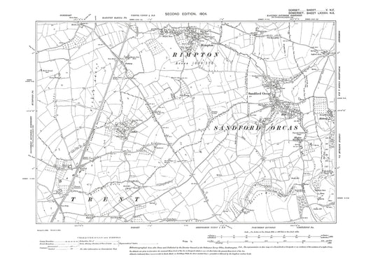 Old OS map dated 1904, showing Sandford Orcas, in Dorset (also Rimpton, Somerset) - 5NE