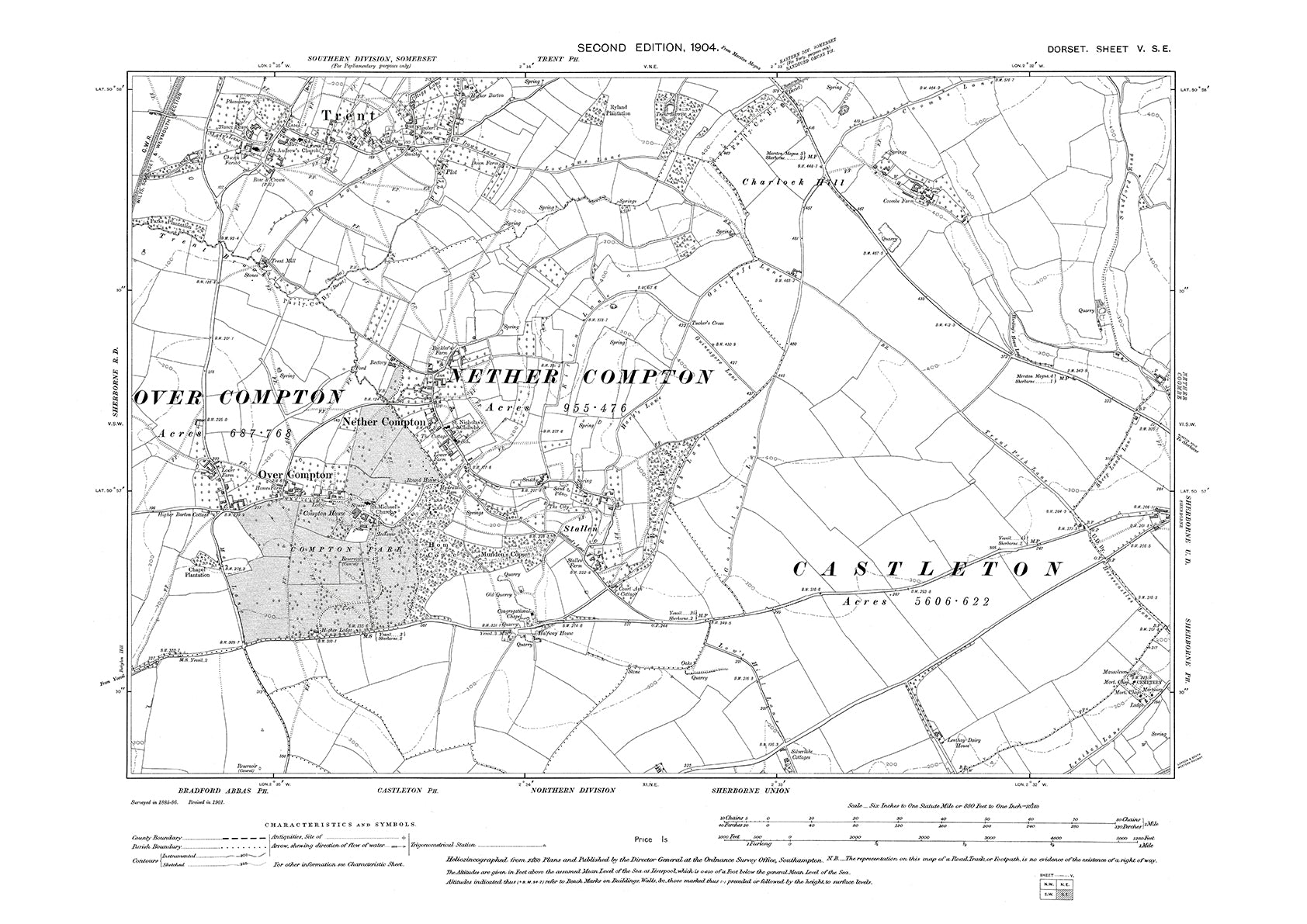 Old OS map dated 1904, showing Nether Compton, Over Compton, Trent in ...