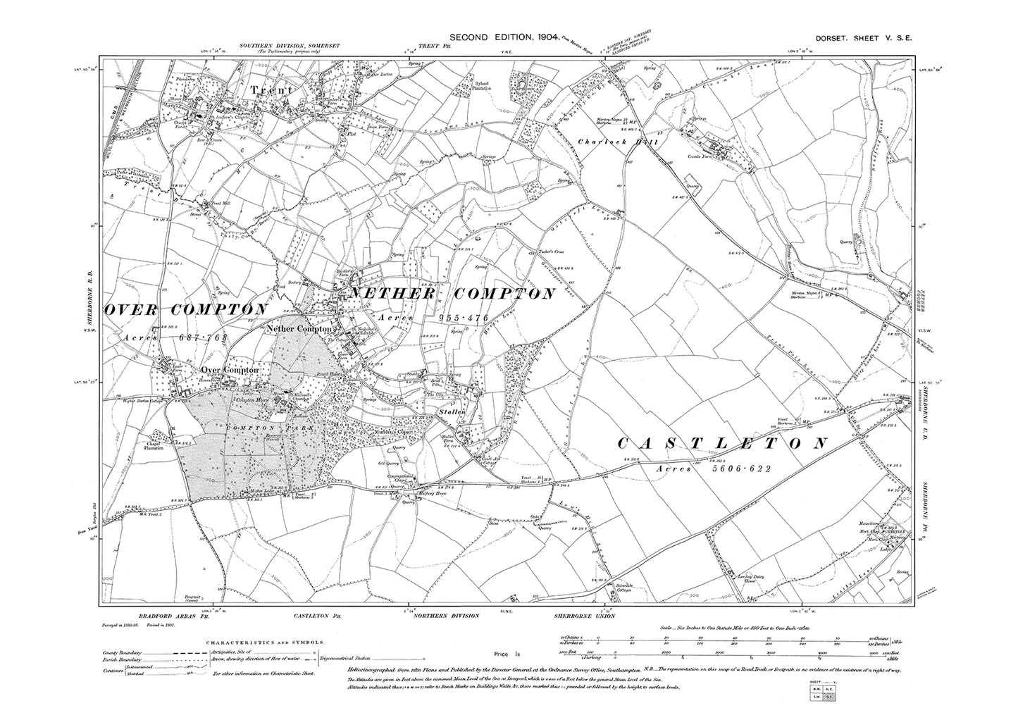 Old OS map dated 1904, showing Nether Compton, Over Compton, Trent in Dorset - 5SE