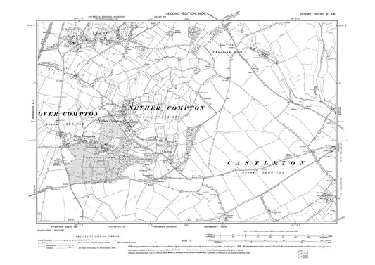 Old OS map dated 1904, showing Nether Compton, Over Compton, Trent in Dorset - 5SE