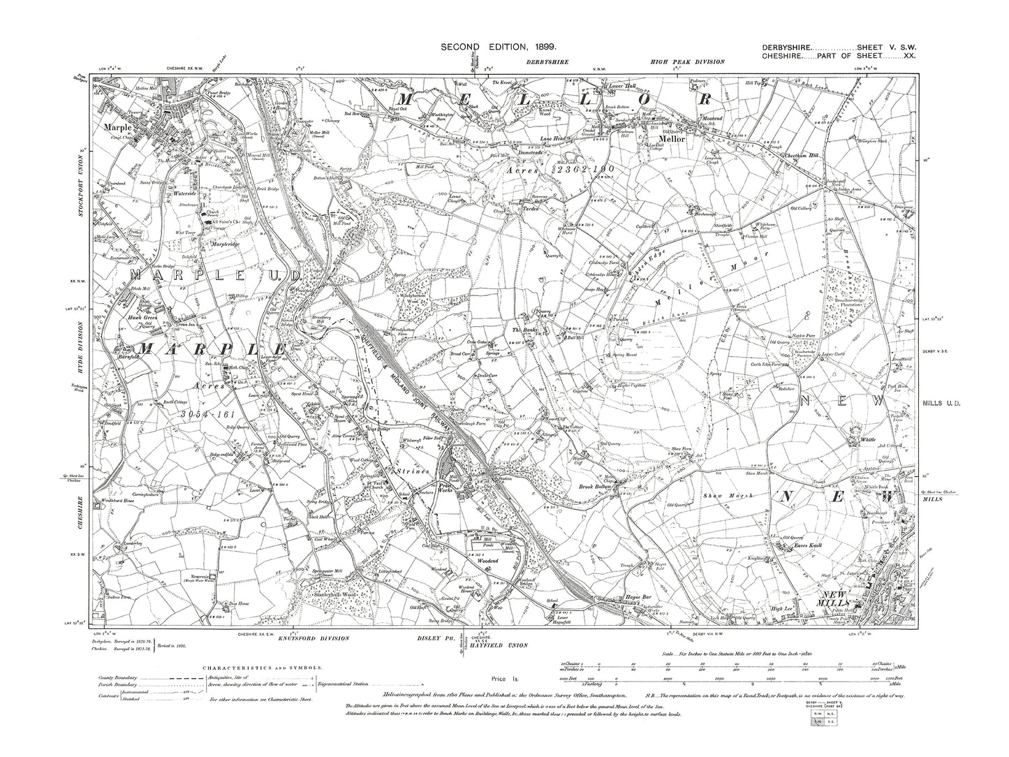 Old OS map dated 1899, showing New Mills, Mellor in Derbyshire 5SW