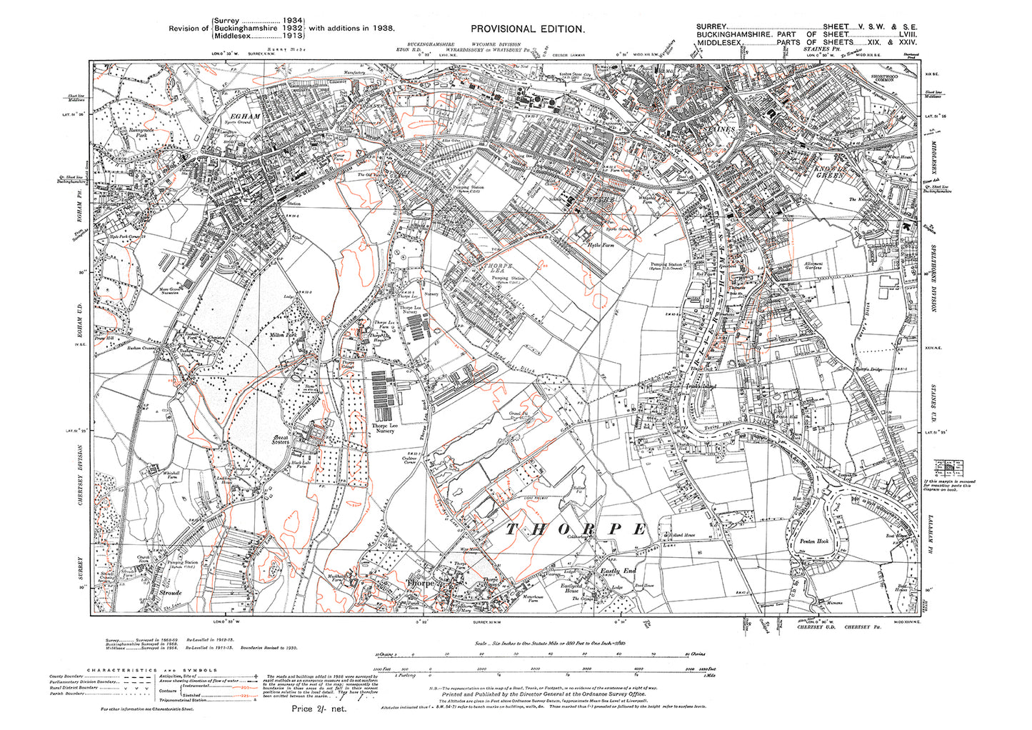 Egham, Staines, Thorpe, Thorpe Lea old map Surrey 1934: 5SW