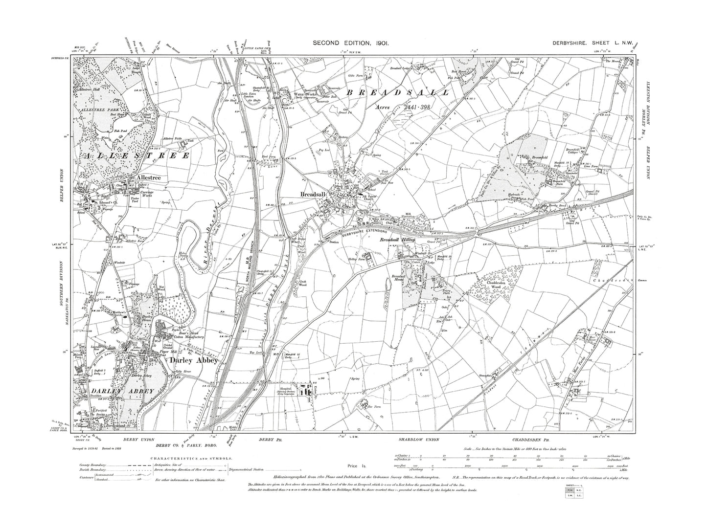 Old OS map dated 1901, showing Breadsall, Darley Abbey, Allestree in Derbyshire 50NW