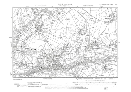 Old OS map dated 1903, showing Eastcombe, Bussage, Waterlane, Oakridge, Chalford, France Lynch, Rack Hill in Gloucestershire - 50NW