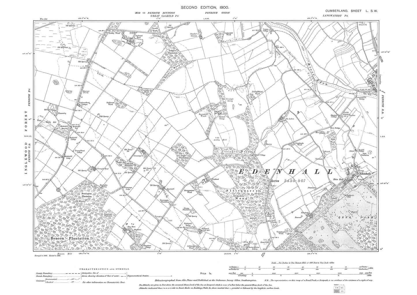 Old OS map dated 1900, showing Langwathby (west), Edenhall in Cumberland - 50SW