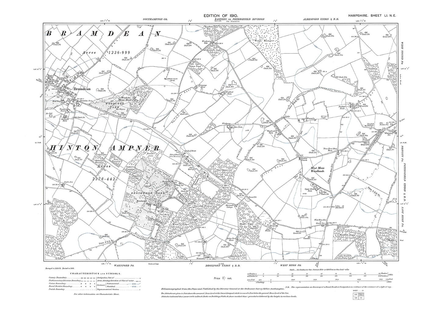 Old OS map dated 1910, showing Bramdean in Hampshire - 51NE