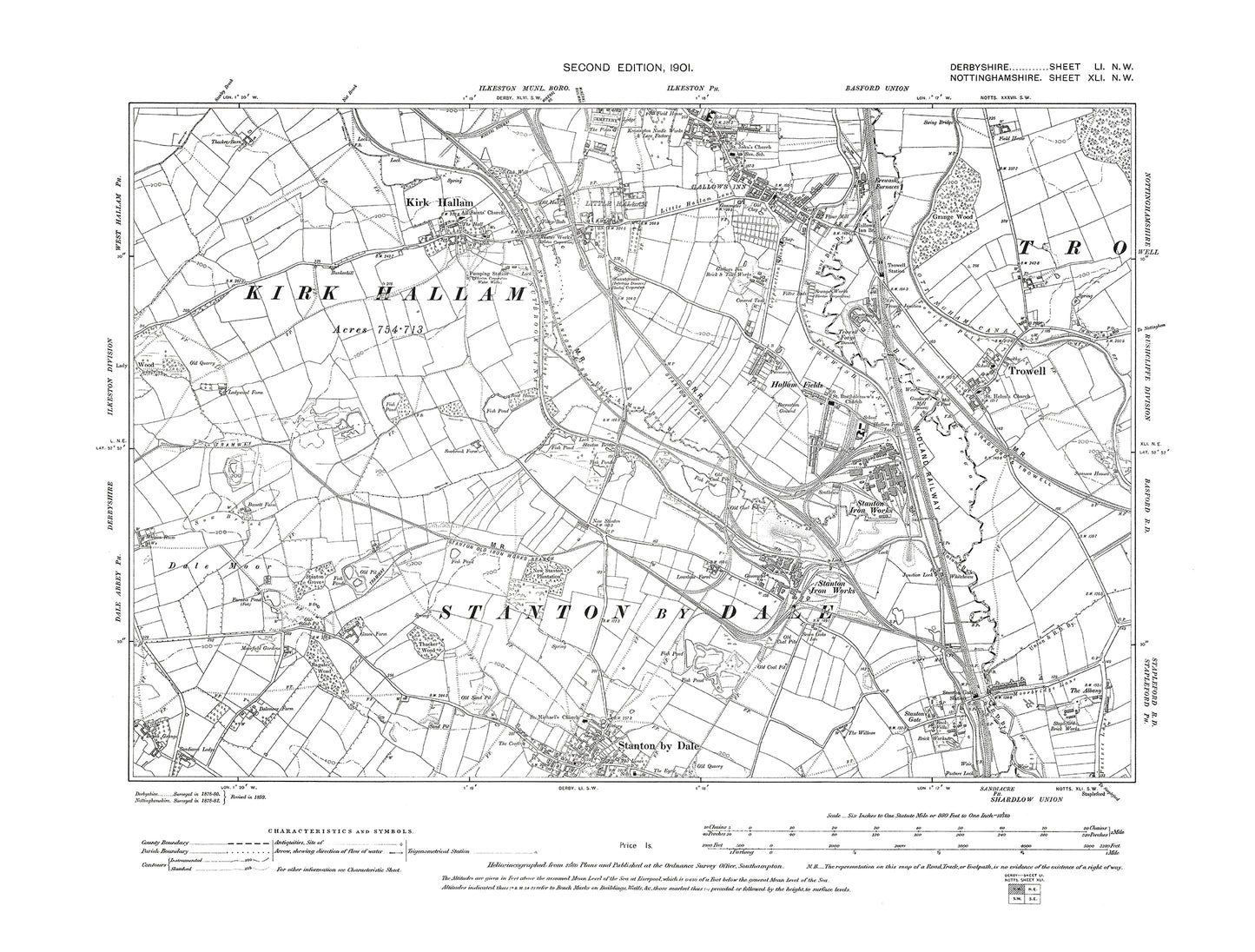 Old OS map dated 1901, showing Kirk Hallam, Gallows Inn in Derbyshire 51NW