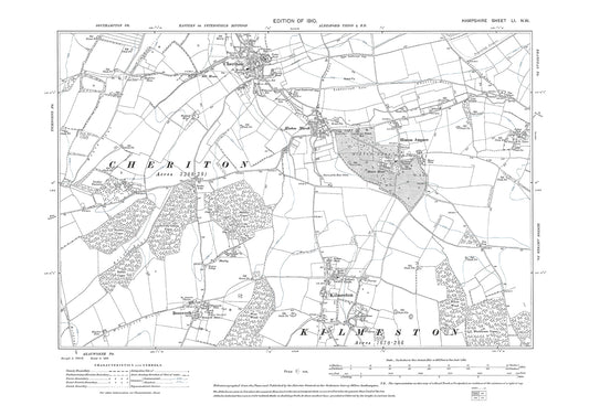 Old OS map dated 1910, showing Cheriton, Hinton Marsh, Hinton Ampner in Hampshire - 51NW