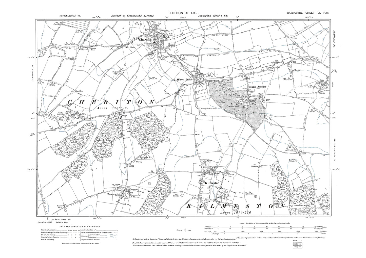 Old OS map dated 1910, showing Beauworth, Kilmeston in Hampshire - 51NW