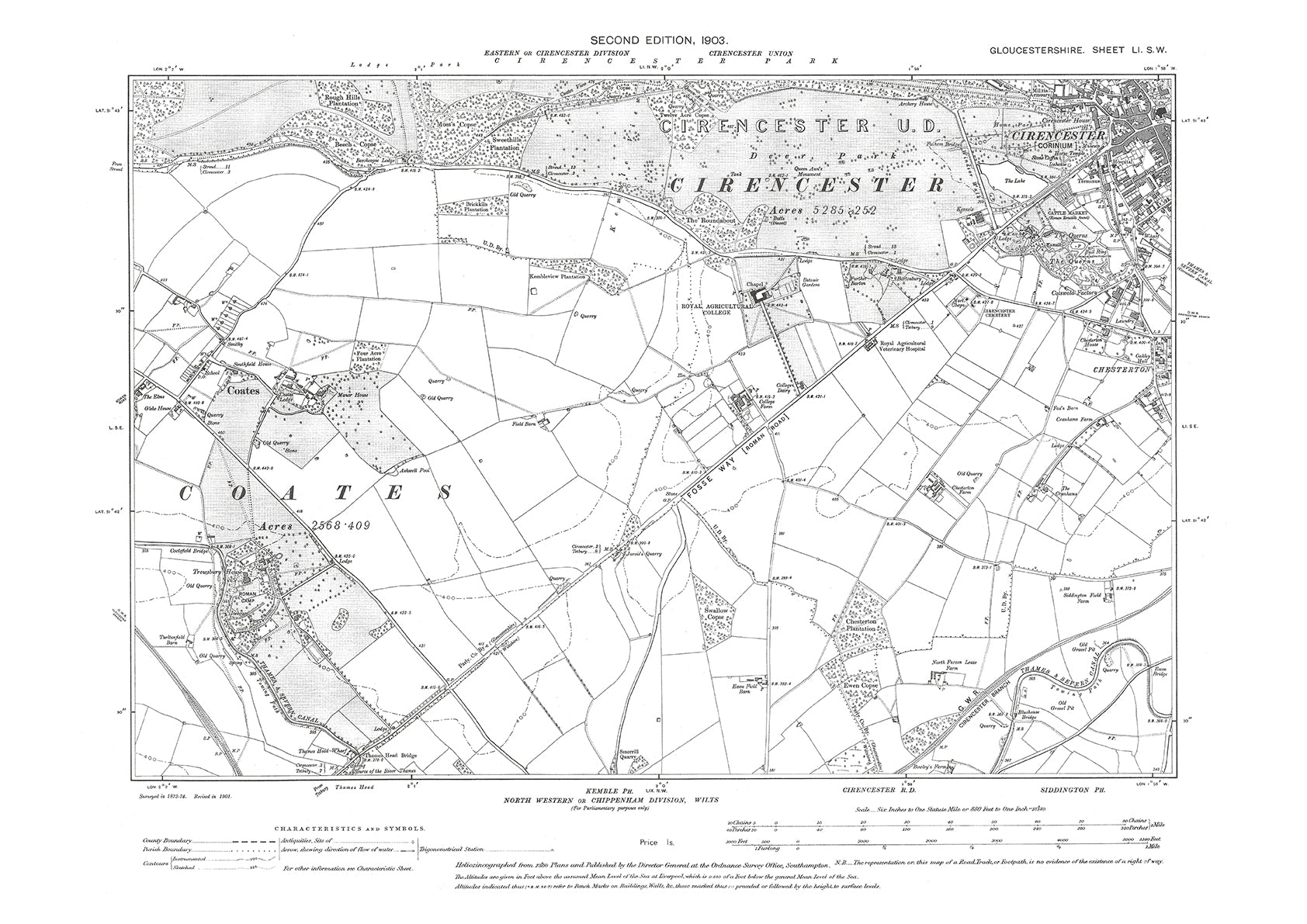 Old OS map dated 1903, showing Cirencester (southwest), Coates in Glou ...