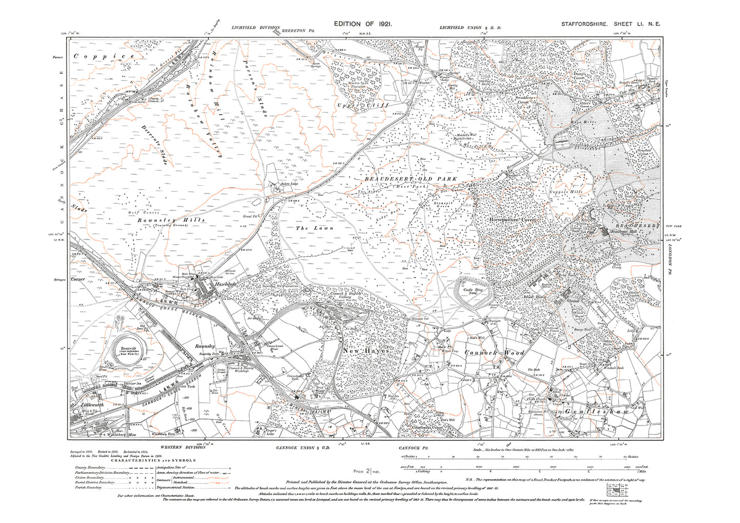 Cannock Wood, Gentleshaw, Hazelslade, Rawnsley, old map Staffs 1921: 51NE