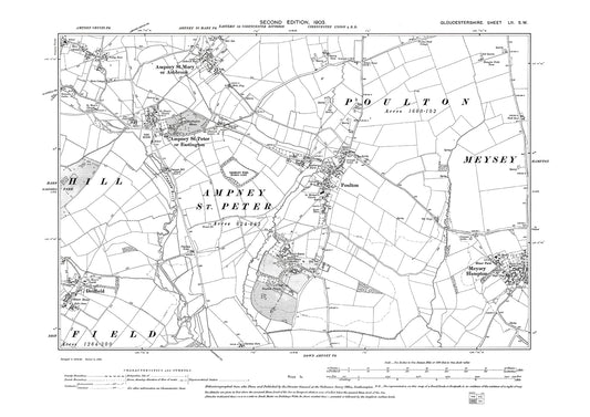 Old OS map dated 1903, showing Ampney St Mary, Ampney St Peter, Poulton, Driffield, Meysey Hampton in Gloucestershire - 52SW