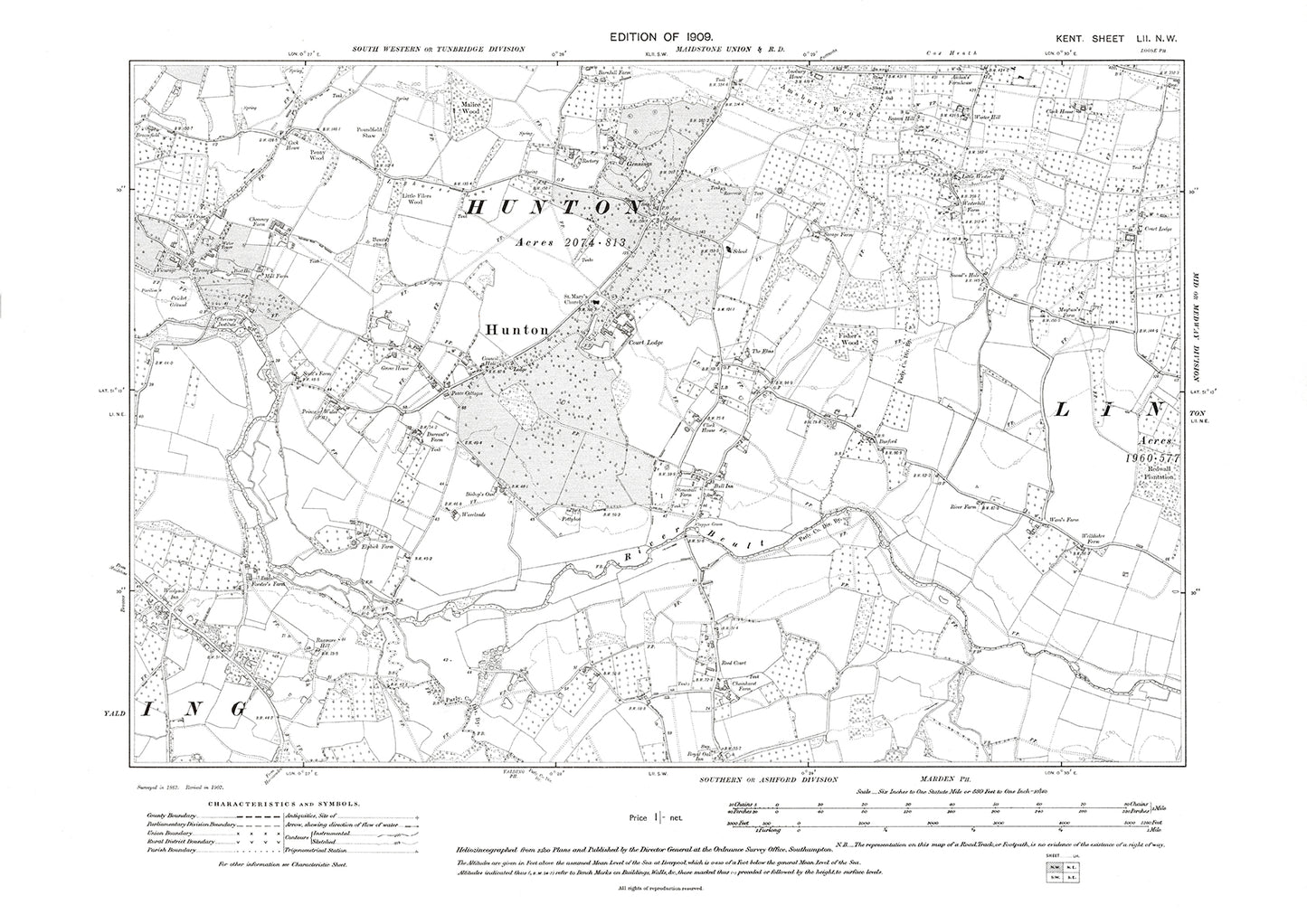 Hunton, old map Kent 1909: 52NW