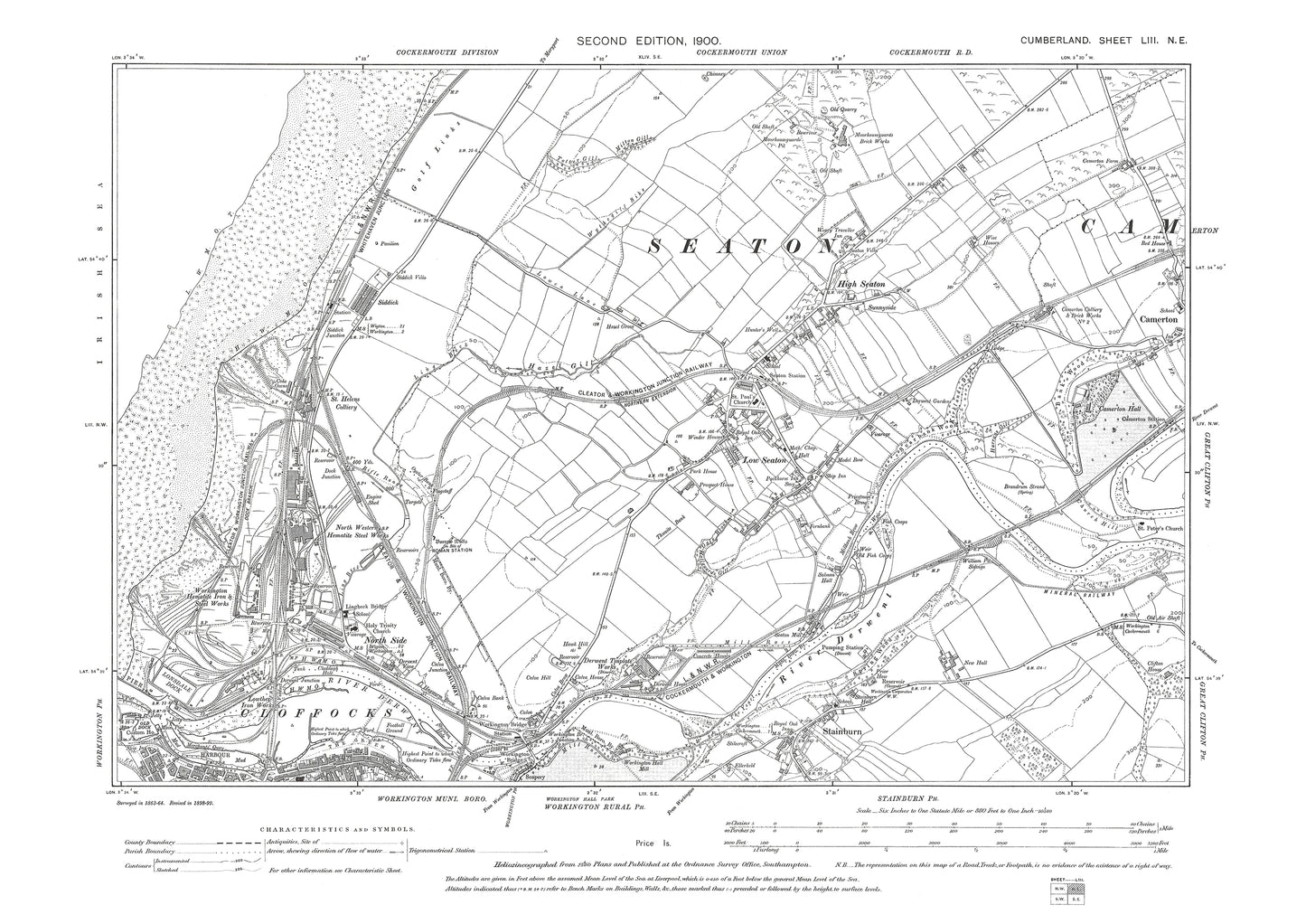 Old OS map dated 1900, showing Workington (north), Camberton (west) in Cumberland - 53NE