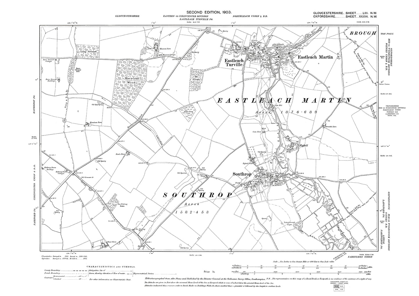 Old OS map dated 1903, showing Eastleach Turville, Southrop, Eastleach Martin in Gloucestershire - 53NW