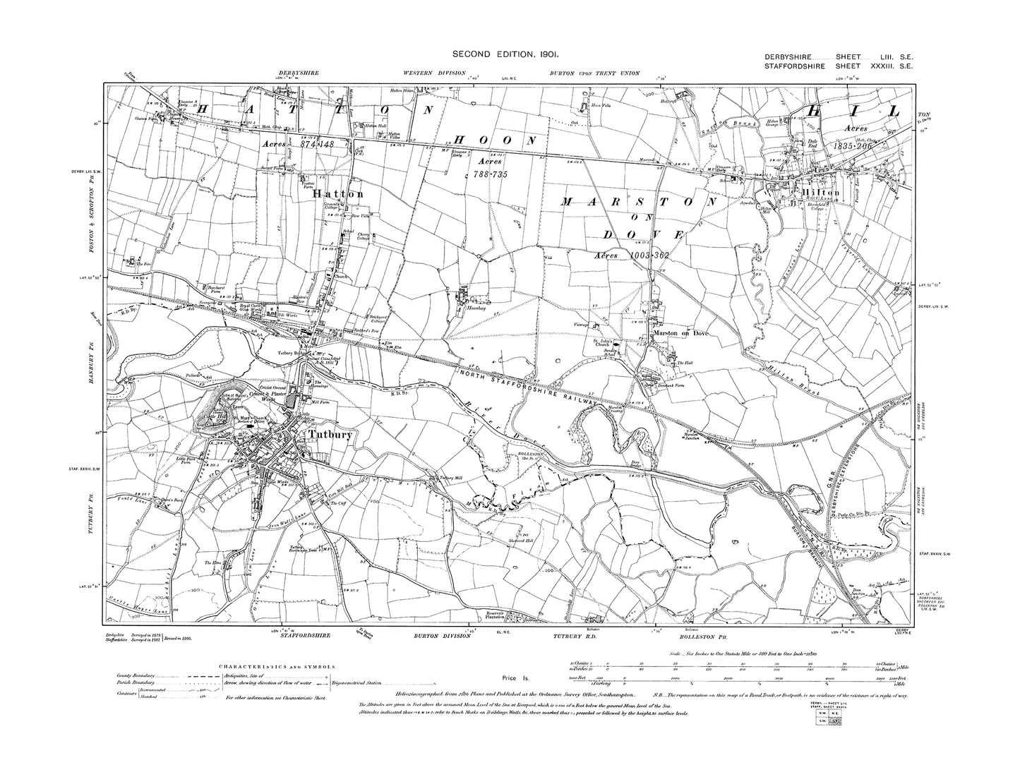 Old OS map dated 1901, showing Tutbury, Hatton, Hilton in Derbyshire 53SE