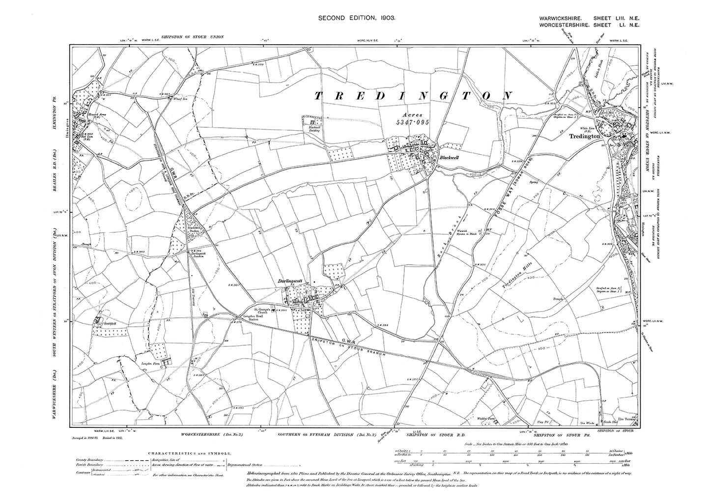 Tredington (west), Blackwell, Darlingscott, old map Warwickshire 1903: 53NE