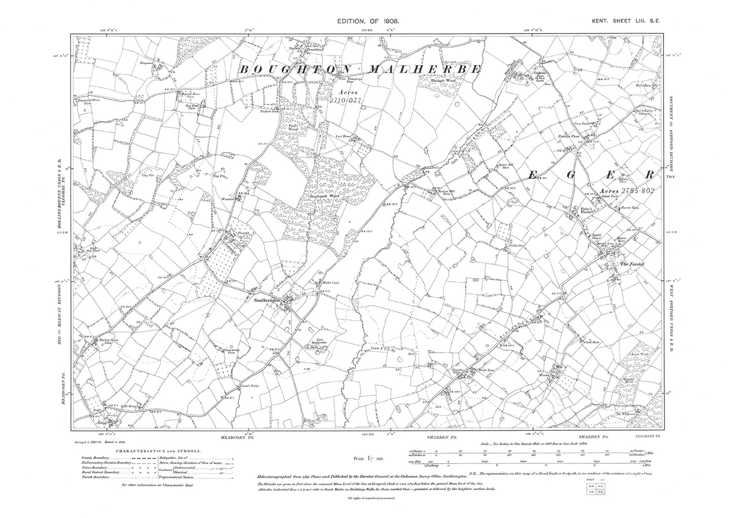 Boughton Malherbe, old map Kent 1908: 53SE