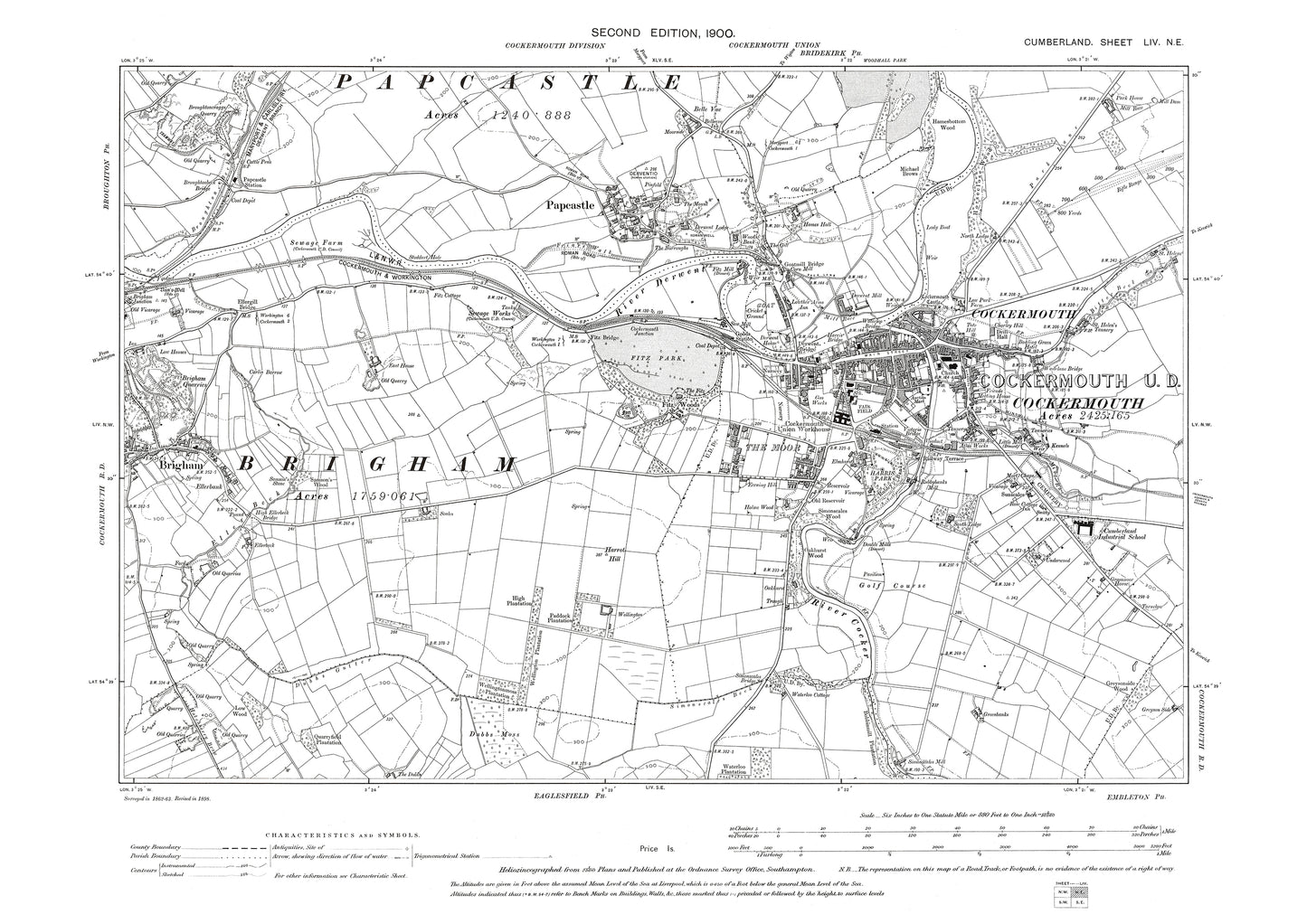 Old OS map dated 1900, showing Cockermouth, Brigham (east), Papcastle in Cumberland - 54NE