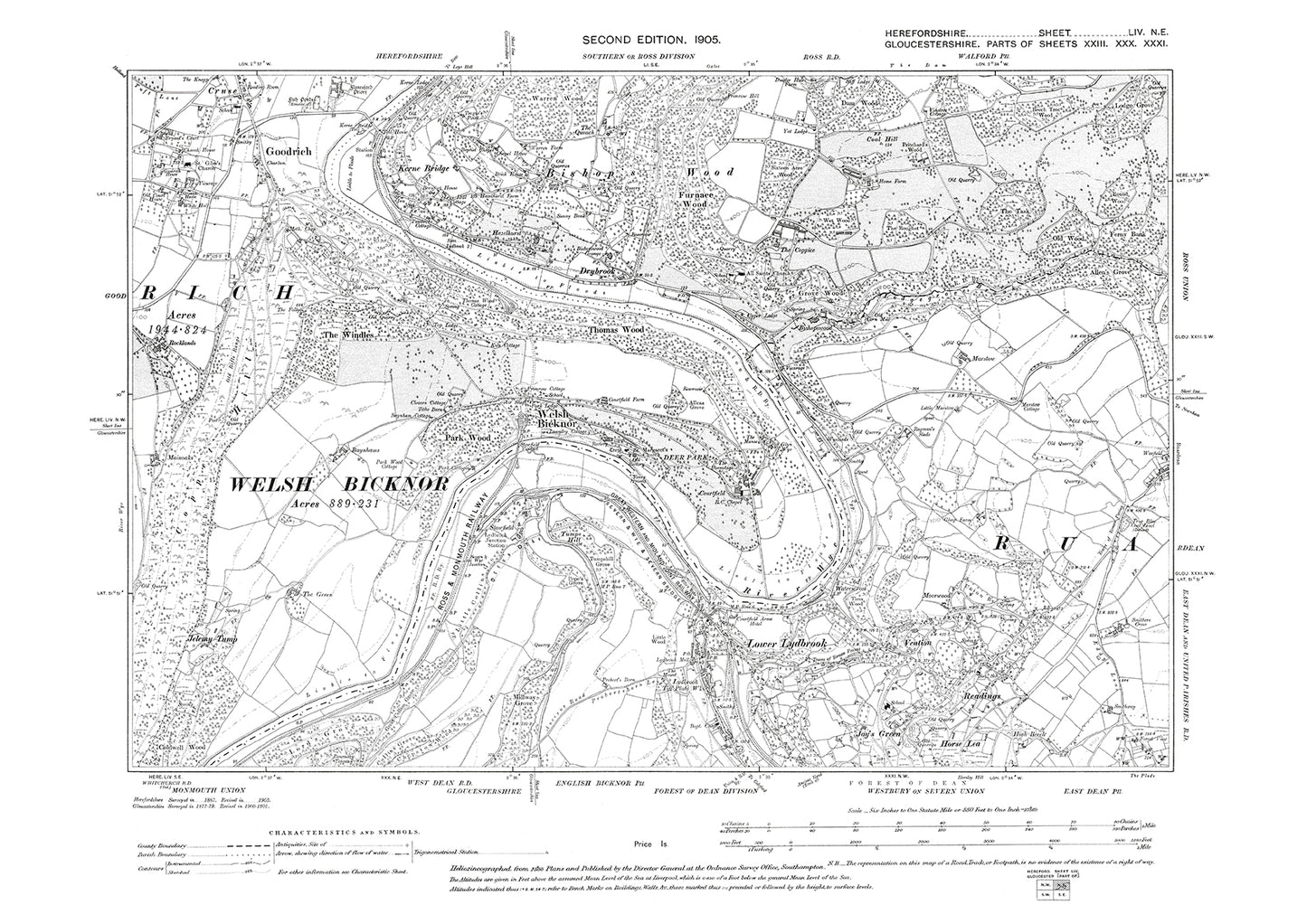 Old OS map dated 1905, showing Goodrich, Kerne Bridge, Welsh Bicknor in Herefordshire - 54NE