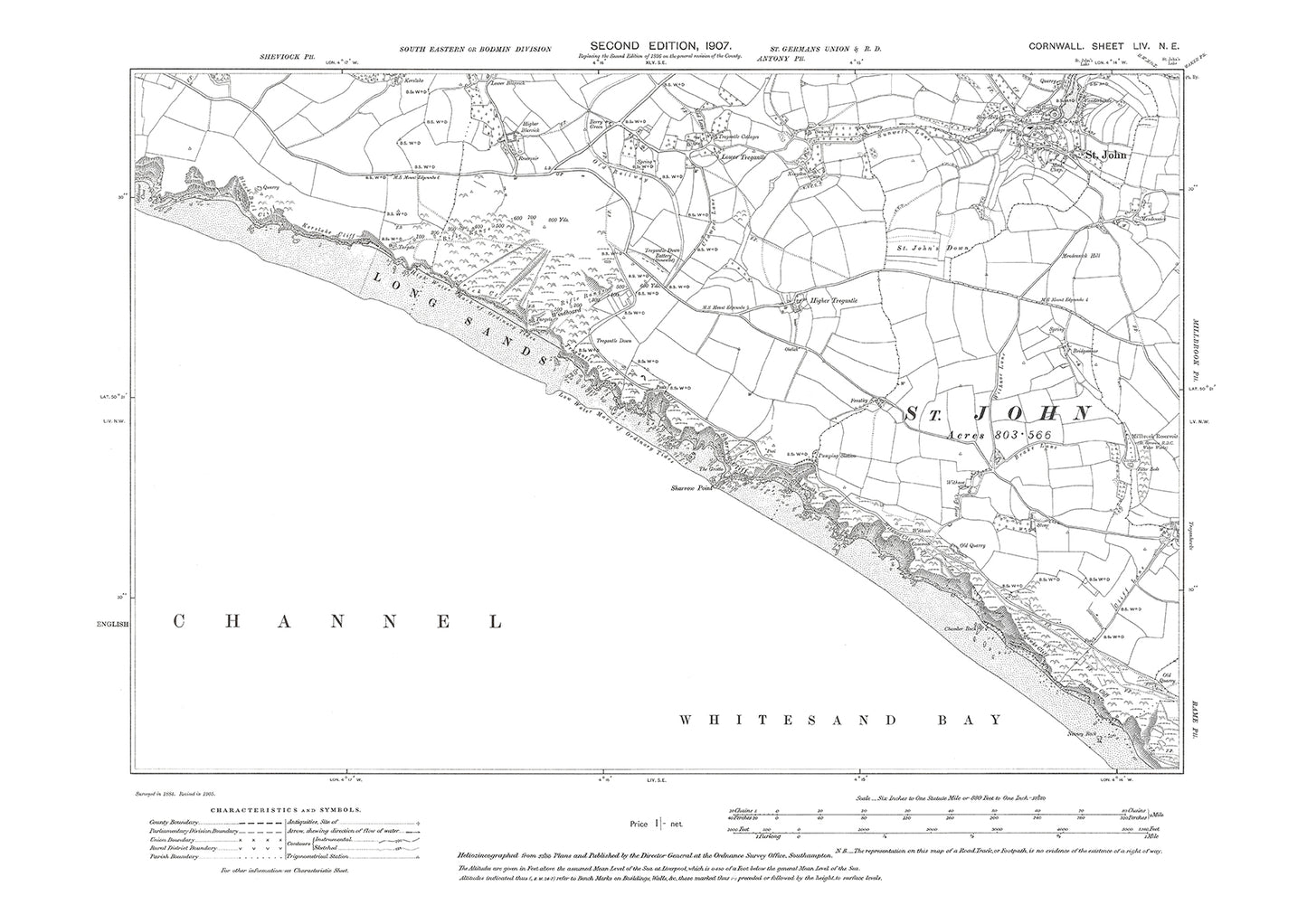 St John, old map Cornwall 1907: 54NE